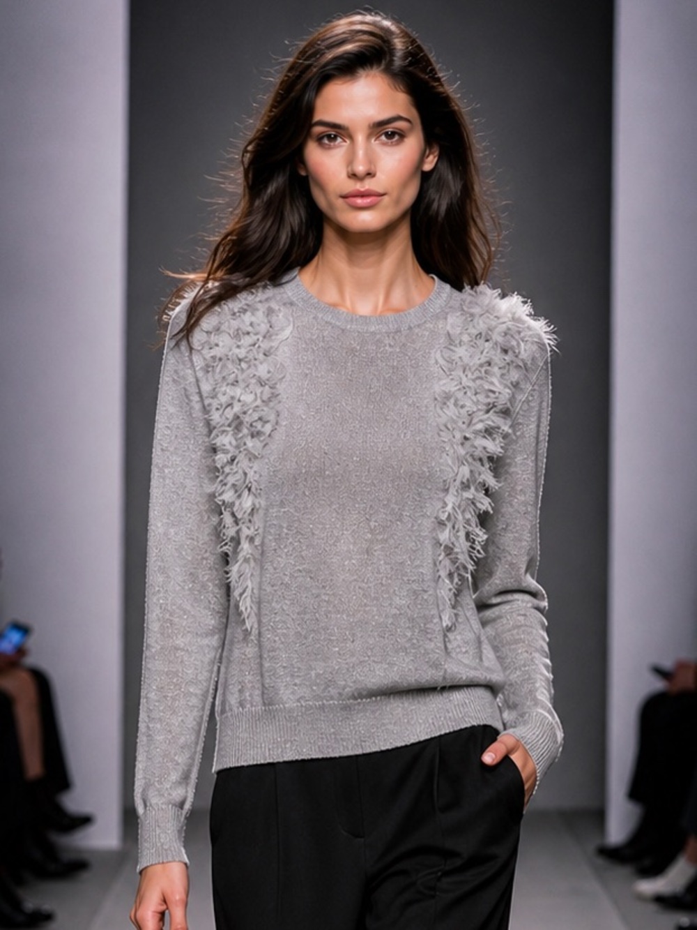 YAL New York Gray Feather Detail Sweater Size L Soft Feminine Chic Knit Top